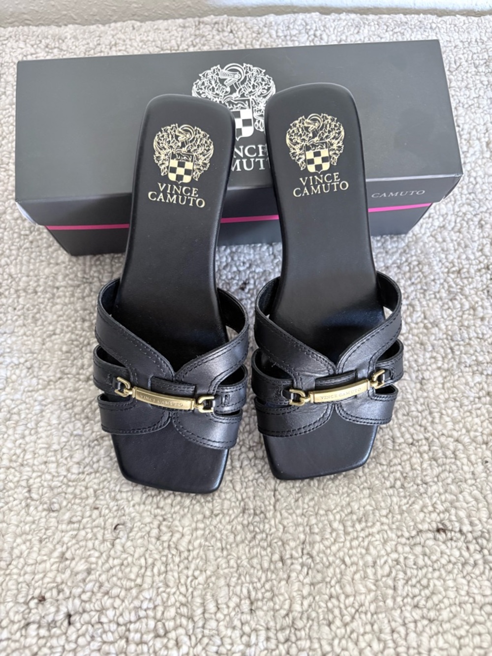 Vince Camuto Black Leather Double-Strap Slide Mules with Gold Hardware